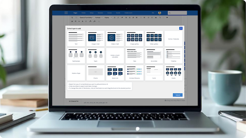 S&uuml;ndmuse veebilehe ehitaja Meie Event Page Builder on v&otilde;imas t&ouml;&ouml;riist, mis v&otilde;imaldab teil luua oma &uuml;rituste jaoks unikaalseid lehek&uuml;lgi. Looge, kohandage ja jagage teavet programmi, esinejate ja ajakava kohta - ja seda k&otilde;ike ilma &uuml;hegi koodirea kirjutamiseta. ✓ Plokip&otilde;hine lehek&uuml;ljeehitaja - ei vaja kodeerimist ✓ Mobiilile reageerivad mallid igale &uuml;rituse t&uuml;&uuml;bile ✓ Integreeritud registreerimine, piletim&uuml;&uuml;k ja maksed ✓ Reaalajas sisu uuendamine ja mitme keele tugi