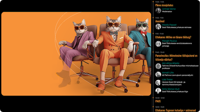 Интерактивная временная шкала и повестка дня Наша платформа отображает программу мероприятия в виде интерактивной временной шкалы с указанием спикеров и тем их выступлений. Такой формат позволяет участникам легко ориентироваться в расписании, понимать последовательность сессий и выбирать те, которые им наиболее интересны. ✓ Удобная навигация по сессиям с помощью визуальной временной шкалы