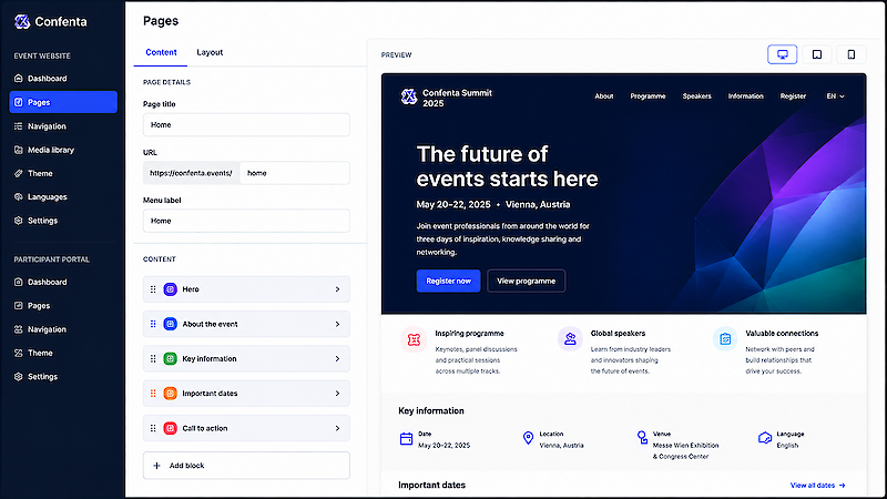 1&nbsp; Set up your event website Launch your event website and participant portal &mdash; the central entry point for registration, abstract submission, reviewer access and the published programme. ✓&nbsp; Add key event details ✓&nbsp; Set branding and languages